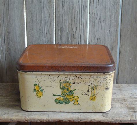 vintage metal bread box cream with small turquoise squares|Antique Tin Bread Boxes .